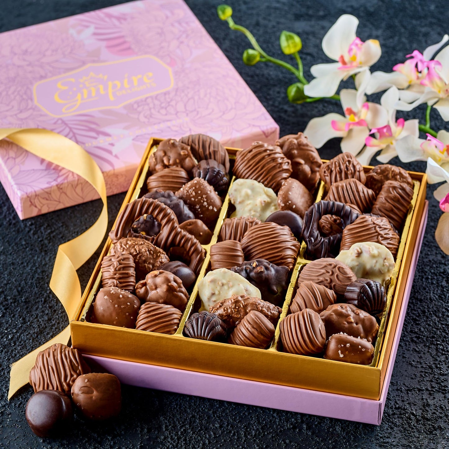 Chocolate Gift Box with Assorted Gourmet Chocolate - Pink Floral Gift Box - Food Gift Basket for Women - Birthday, Thank You, Present Idea for Her, Holiday Gift Baskets by Empire Delights