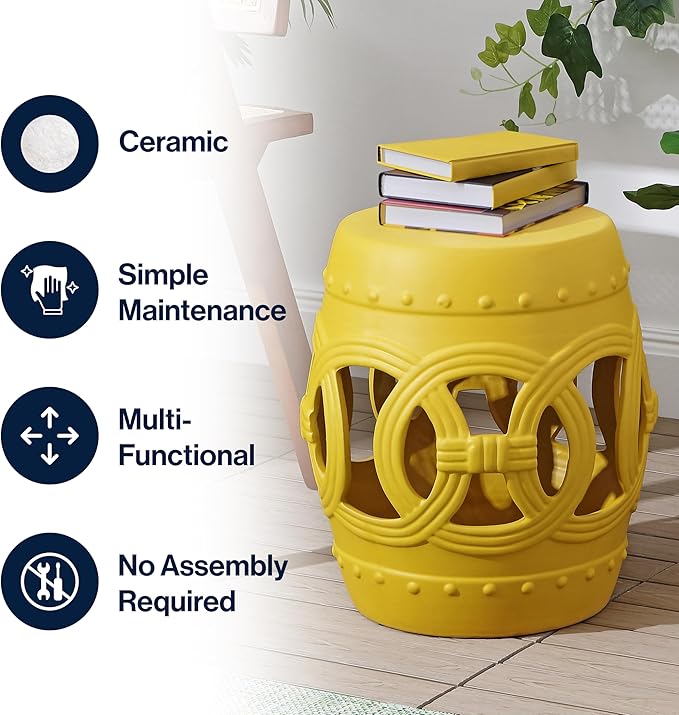JONATHAN Y TBL1022E Lucky Coins 16" Chinese Ceramic Drum Indoor/Outdoor Garden Stool Bohemian, Coastal, Cottage, French Country, Traditional, for Living Room, Garden Room, Patio, Matte Yellow