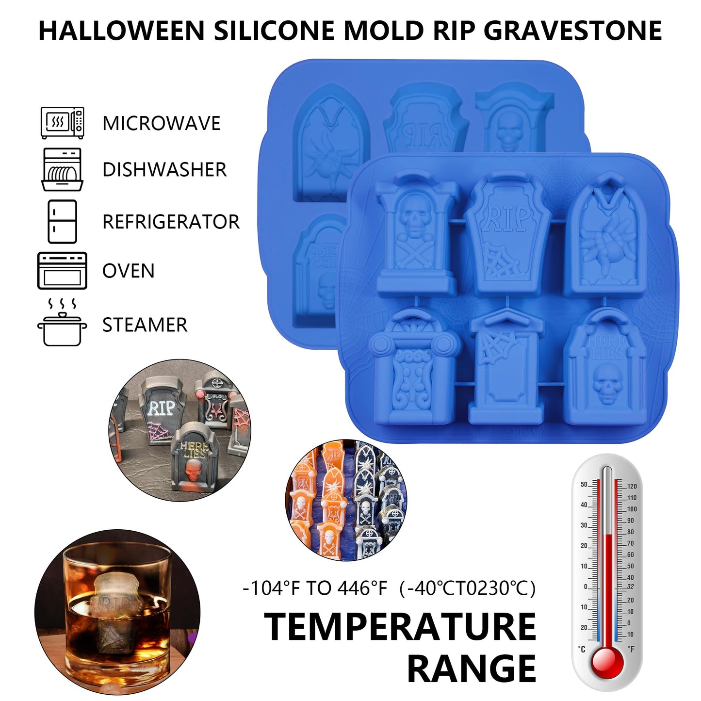 Sidosir 2PCS Halloween Tombstone Silicone Chocolate Candy Gummy Mold, Halloween Mold for Mousse Dessert, Halloween Themed Silicone Molds for Chocolate Cake (Halloween Gravestone)