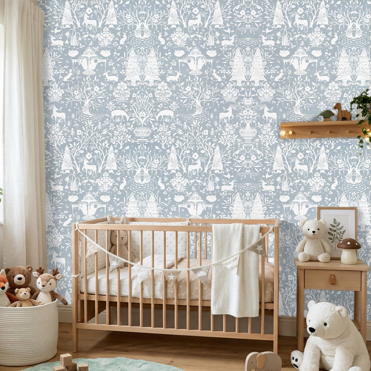 WENMER Forest Animal Wallpaper, 17.7" x 590" Blue and White Contact Paper, Woodland Peel and Stick Wallpaper with Deer Rabbit Fox, Self Adhesive Removable Wall Paper for Living Room Bedroom Nursery