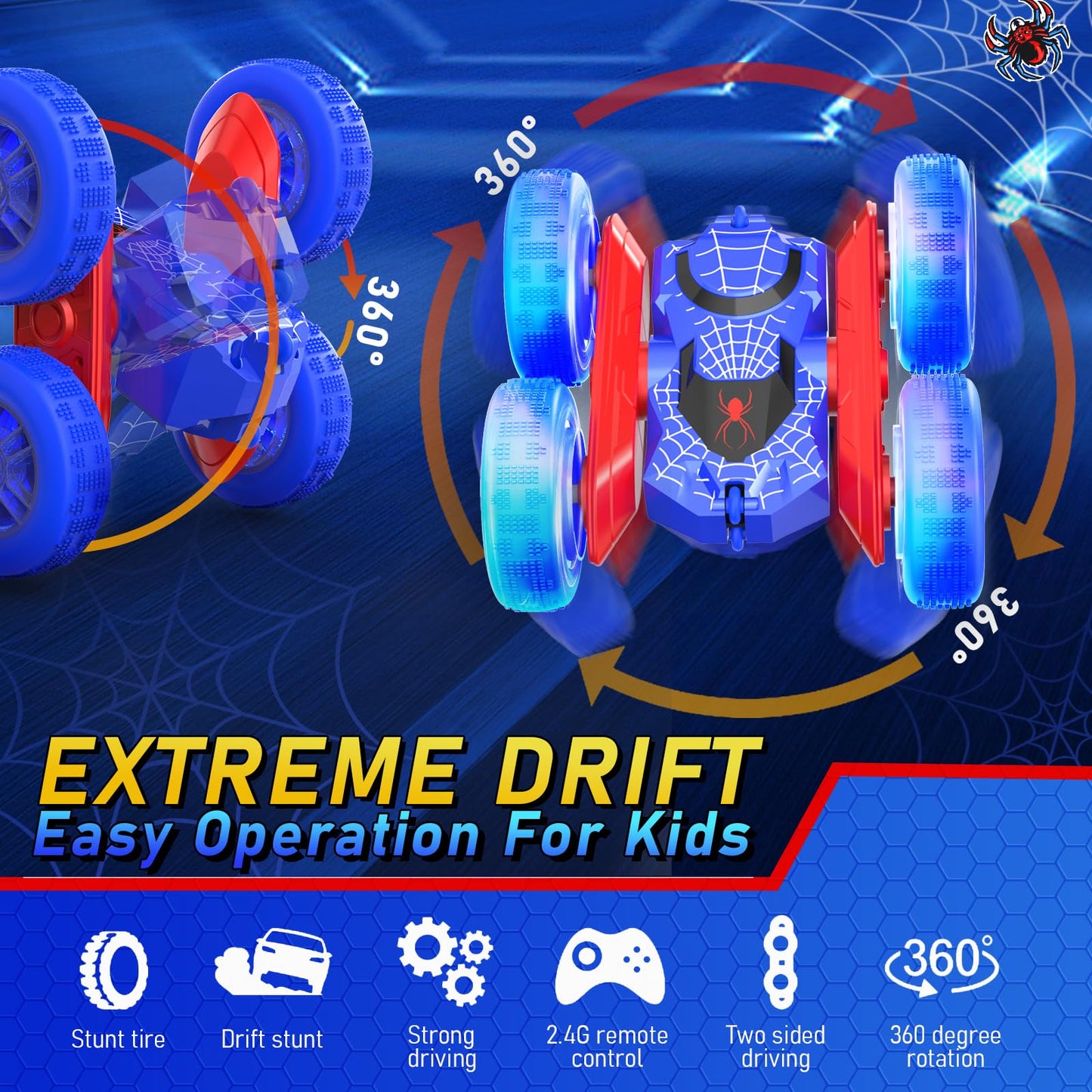 NQD Spider Remote Control Car- Double Sided 360°Rotate RC Stunt Car with Wheel Lights, 4WD Off-Road RC Cars 2.4Ghz Indoor/Outdoor Rechargeable Toy Car for Boys Age 4-7 8-12 Birthday Xmas Gift