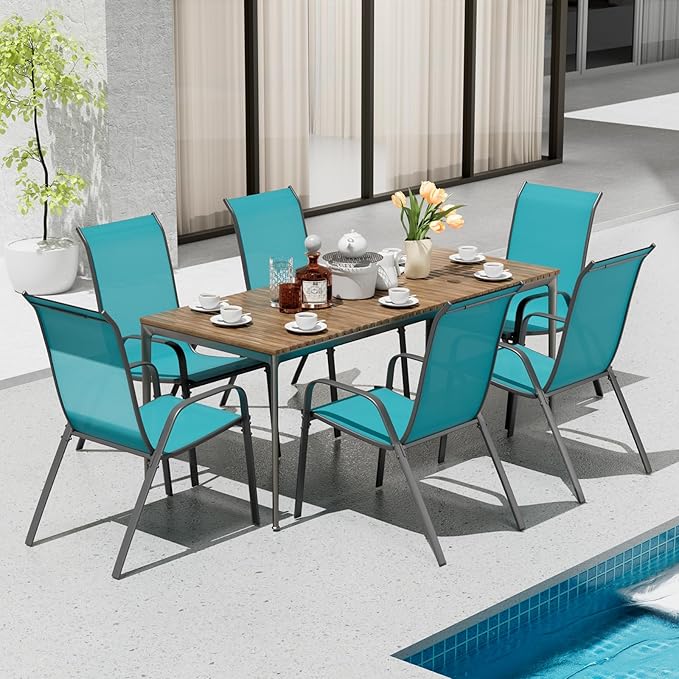 TLSUNNY Patio Chairs, Stackable Textilene Outdoor Dining Furniture for All Weather, with 17.7″ Wide Seat & Metal Frame, for Garden, Backyard, Deck, Restaurant, Poolside (6, Turquoise Blue, 24.6″)