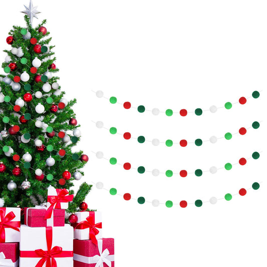 WILLBOND 4 Pack 39.4 ft Christmas Pom Pom Garlands Decorations with 128 Pcs Red Green White Felt Balls Hanging Garlands for Xmas Party Tree Ornaments Home Wall Supplies