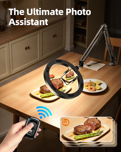 LUXSURE Ring Light with Stand for Desk, Overhead Phone Mount with 10" Ring Light Tripod for iPhone, CRI＞95, Phone Tripod with Light for Video Recording, Cooking, YouTube, Content Creation