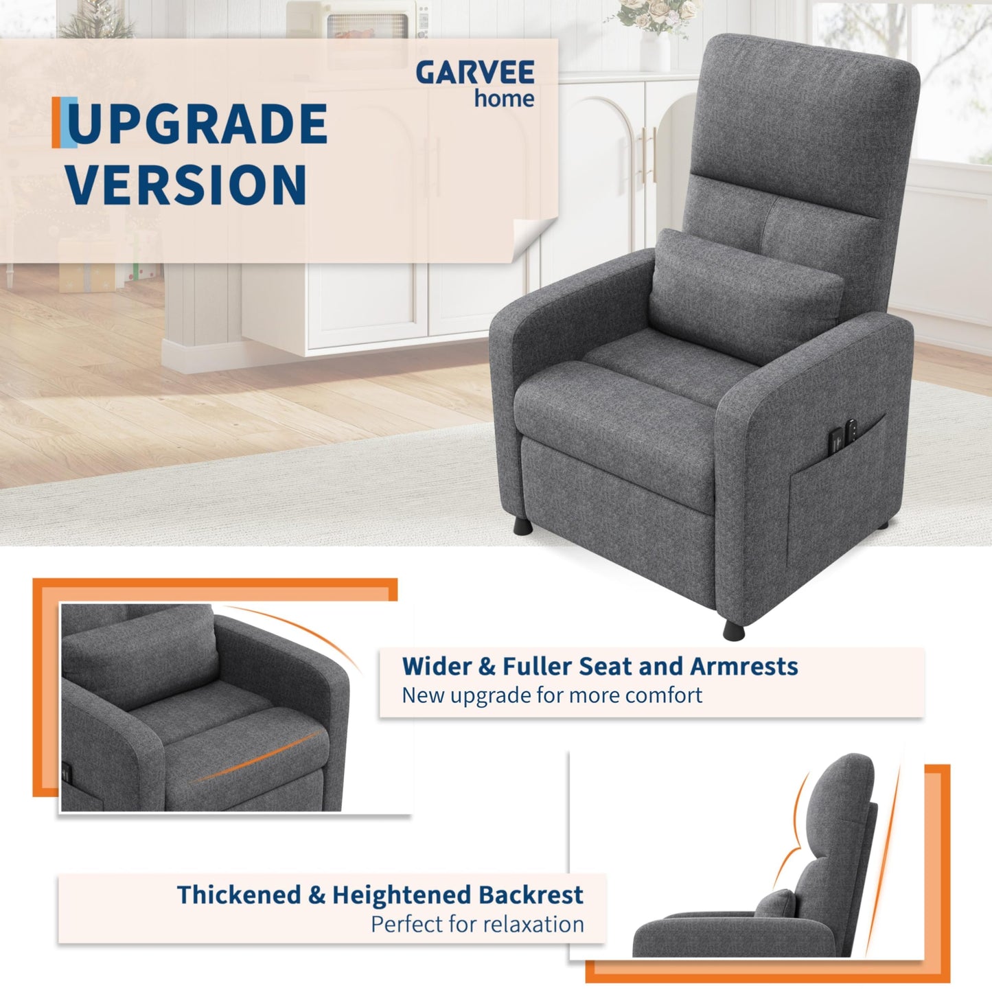 Power Recliner Chair, Adjustable Electric Reclining Chair for Adults, Overstuffed Tall Back Sofa with Padded Seat, 2 Side Pockets & USB Port, Home Theater Seating for Living Room - Gray
