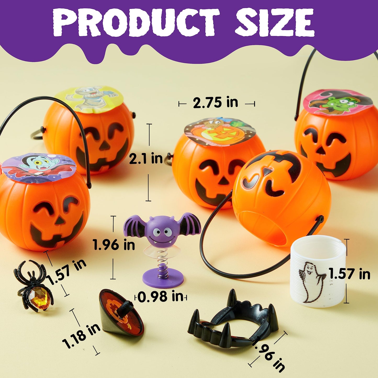 JOYIN 144 PCS Halloween Toy Gifts for Kid Trick or Treating, 24 Pack Prefilled Mini Pumpkin Buckets with Spider Ring, Popper, Spring, Vampire Teeth and Spinning Top, Halloween Party Favors Supplies