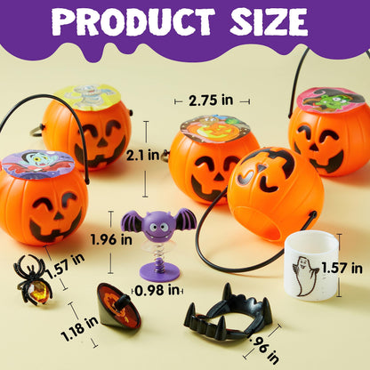 JOYIN 144 PCS Halloween Toy Gifts for Kid Trick or Treating, 24 Pack Prefilled Mini Pumpkin Buckets with Spider Ring, Popper, Spring, Vampire Teeth and Spinning Top, Halloween Party Favors Supplies