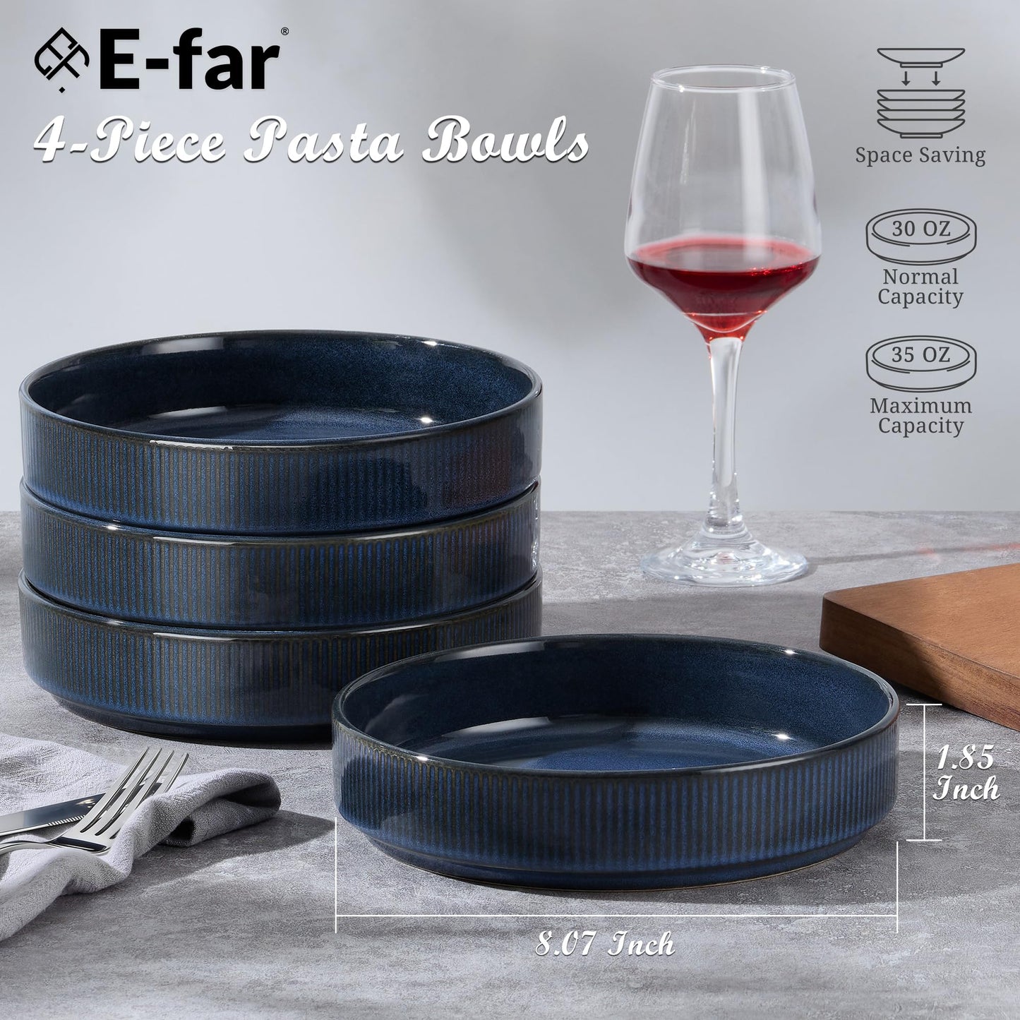 E-far Pasta Bowls Set of 4, 35oz Large Salad Bowl Plate for Dinner Serving, Wide & Shallow Ceramic Stoneware Pasta Plates, Microwave & Dishwasher Safe, Reactive Glaze Textured Stripes, Dark Blue