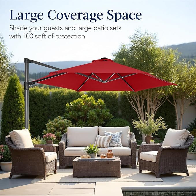 Best Choice Products 10ft Offset Cantilever Hanging Market Patio Umbrella, Smooth 360° Rotation, 8 Sturdy Ribs, Easy Adjustment - Red