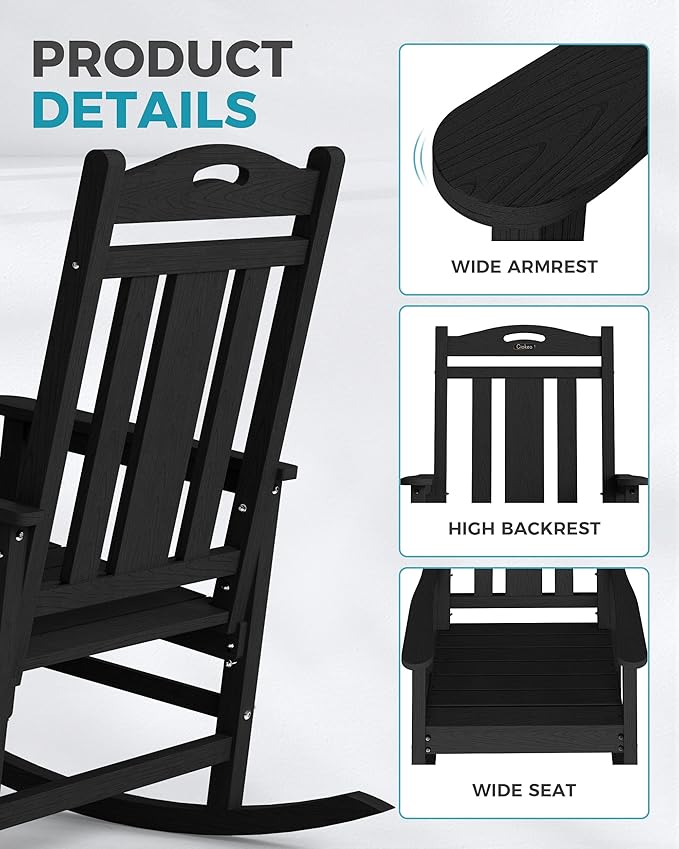 Ciokea Oversized Outdoor Rocking Chairs Set of 3, 380lbs Heavy-Duty Large Patio Rocker, High Back Cozy Porch Chairs, Weather Resistant Patio Rocking Chairs for Outside, Fire Pit, Deck, Black