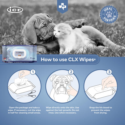 ICF | CLX Cat & Dog Wipes | Antibacterial & Antifungal Cleansing Wipes for Paws, Skin Folds & Ears | Supports Healthy Skin & Odor Control | 40 Count