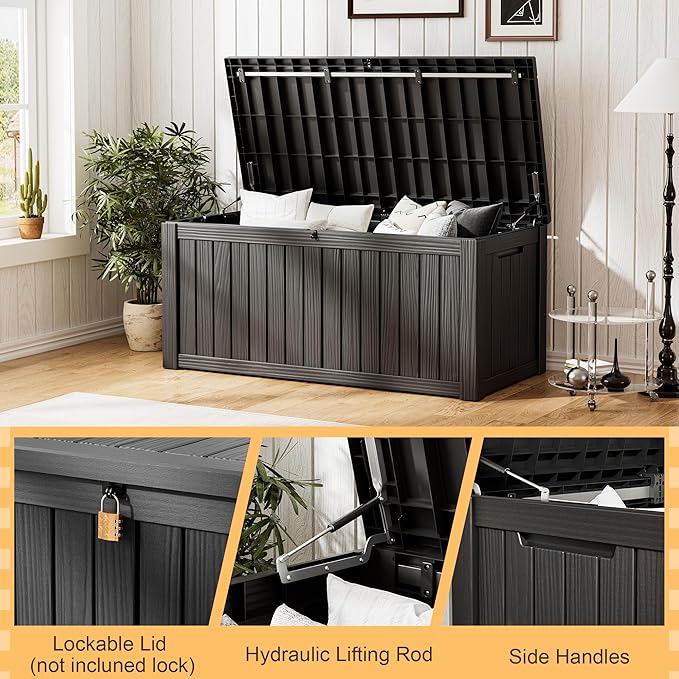 Outdoor Storage Box, Resin Deck Boxes Indoor and outdoor, Waterproof Storage Box Lockable Lid (Black, 120 Gallon)