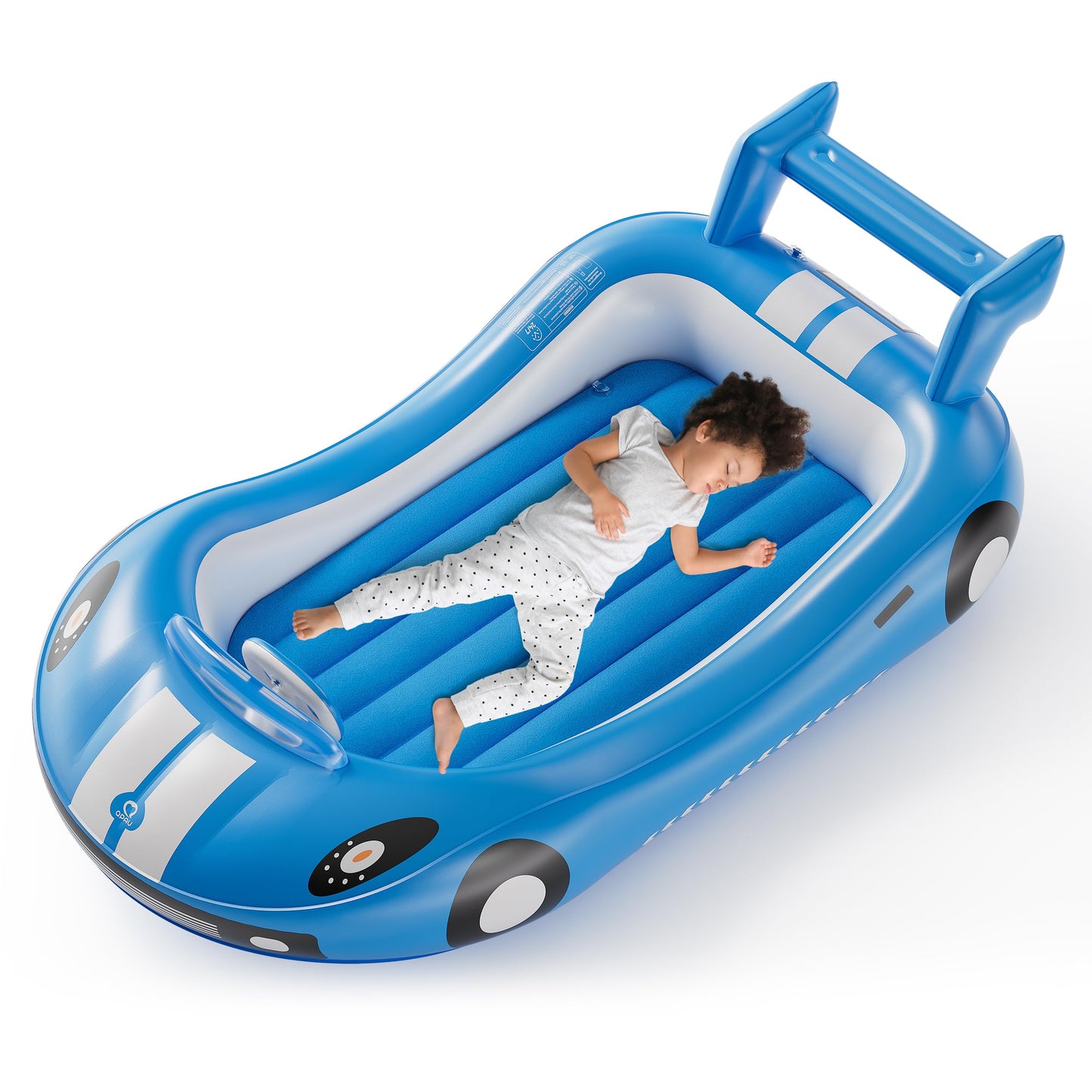QPAU Inflatable Toddler Travel Bed with 4-Sided Safety Bumpers, Portable Kids Air Mattress for Camping, Travel, Home & Hotel, Lightweight & Compact Design - Hand Pump Included (Blue)