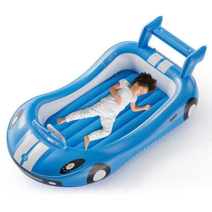 QPAU Inflatable Toddler Travel Bed with 4-Sided Safety Bumpers, Portable Kids Air Mattress for Camping, Travel, Home & Hotel, Lightweight & Compact Design - Hand Pump Included (Blue)