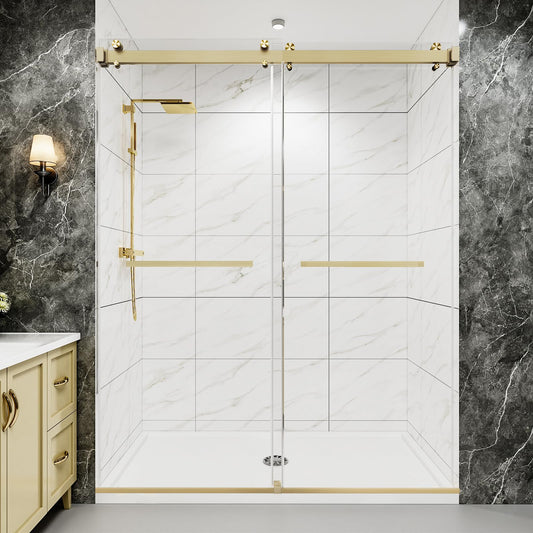Dyvalis 43-48" W x 76" H Frameless Double Sliding Shower Door for Walk-in Shower,5/16" (8mm) SGCC Certified Clear Tempered Safety Glass,Easy-Clean Coating,Quiet Heavy-Duty Roller System,Brushed Gold