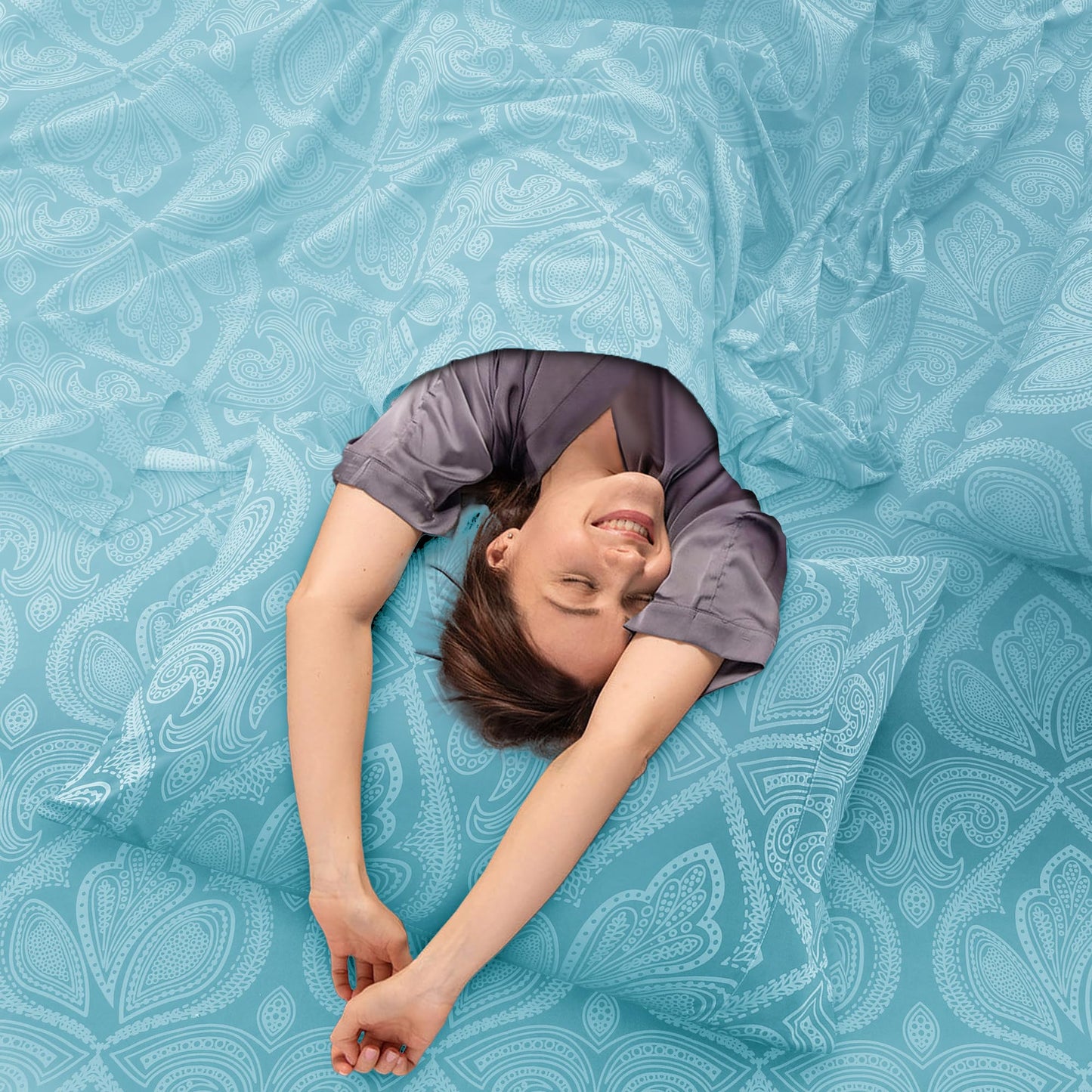 Hannah Linen Paisley King Sheet Set, 4 PC Soft Microfiber Wrinkle Free Sheets - Luxurious Printed Bed Sheets Includes Flat Sheet, Fitted Sheet with Deep Pockets, & 2 Pillowcases - Blue