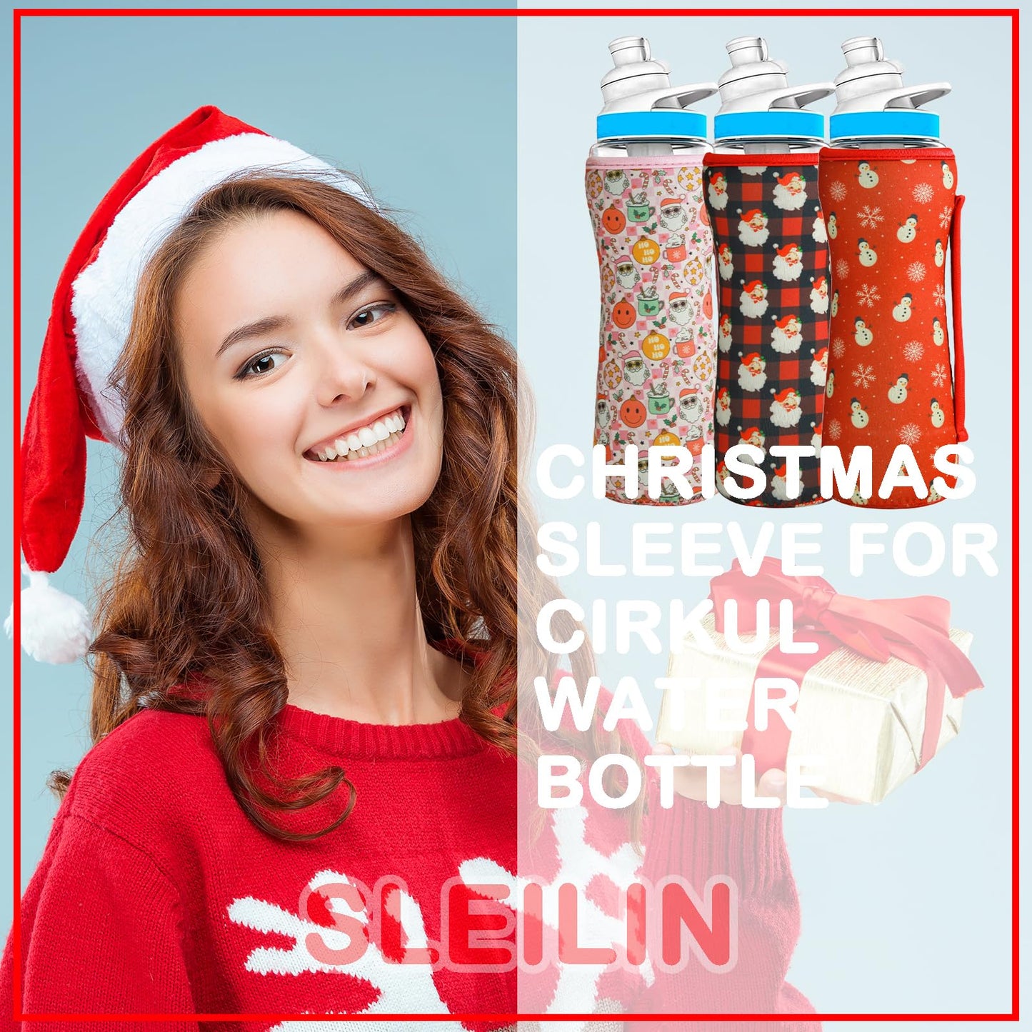 SLEILIN 22oz Christmas Sleeve Compatible With Cirkul Water Bottle for Plastic And Stainless Steel Bottles 22oz Neoprene Sweat-Wicking Material Insulated Cover Designed With Handles (Santa Claus)