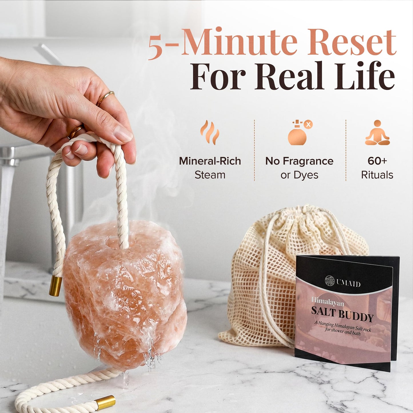 UMAID Himalayan Pink Salt Rock for Shower & Bath – Salt Buddy™ 4 lb Hanging Mineral Stone for Spa-Inspired Relaxation, Self-Care & Bath Soaks, Unique Wellness & Home Spa Gifts for Men & Women