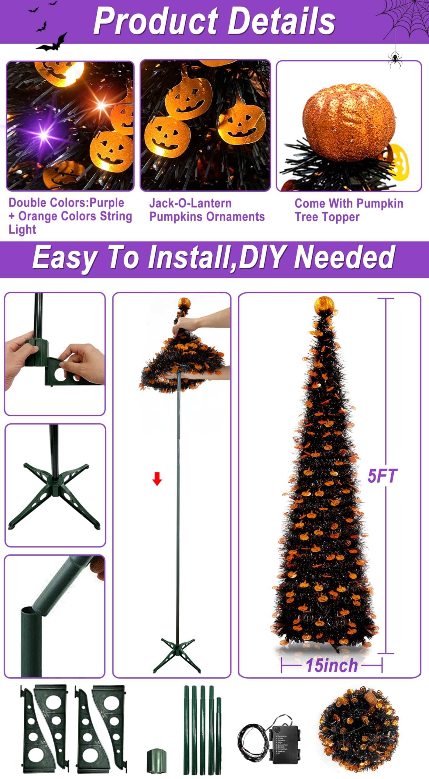 TURNMEON 5Ft Black Tinsel Halloween Tree with 50LED Orange Purple Lights Timer 8 Modes Pumpkin Ornament Pop Up Artificial Pencil Tree Halloween Decorations Home Party Indoor Outdoor