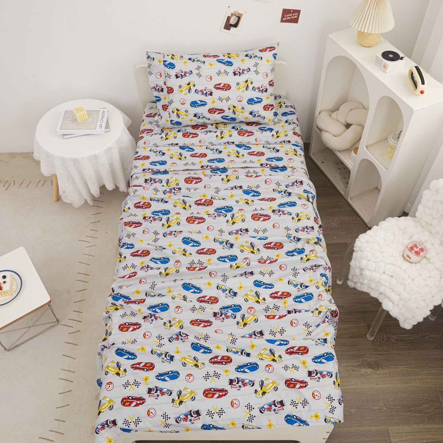 Softan Kids Bed Sheet Set, 3-Piece Twin Sheets Set, Microfiber Fitted Sheet with 15 Inches Deep Pocket and Corner Straps, Breathable & Silky Soft Grey Racing Car Pattern Sheet and Pillowcase Sets