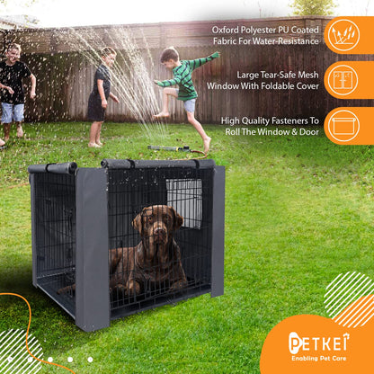 PETKEI Dog Crate Cover for Dog Crate Medium, Durable Polyester PU Coated Dog Cage Cover Designed for 1 & 2 Door Cage, Includes 1 Breathable Mesh Window & 1 Pocket for 30 Inch Dog Crate(Cover Only)