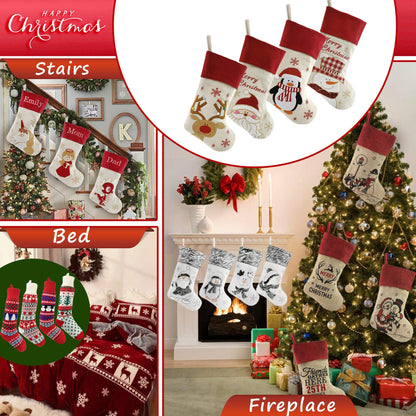 Bstaofy 18'' Rustic Christmas Stockings Set of 4 Felt Santa Reindeer Snowman Penguin Stockings Xmas Tree Ornaments Party Decor for Kids Family
