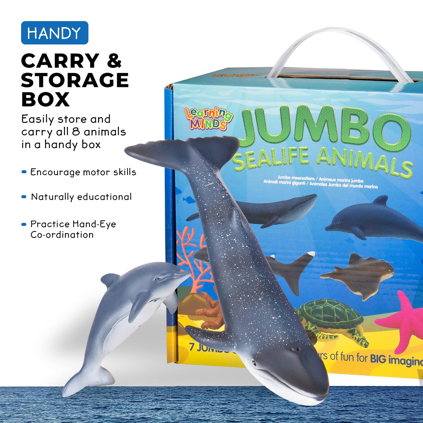 Learning Minds Jumbo Sea Animal Figures - Set of 7 Educational Fish Toys For Children - Shark, Whale, Dolphin Toys For Kids - Toy Fish & Sea Creatures For Children - Suitable From Age 18 Months