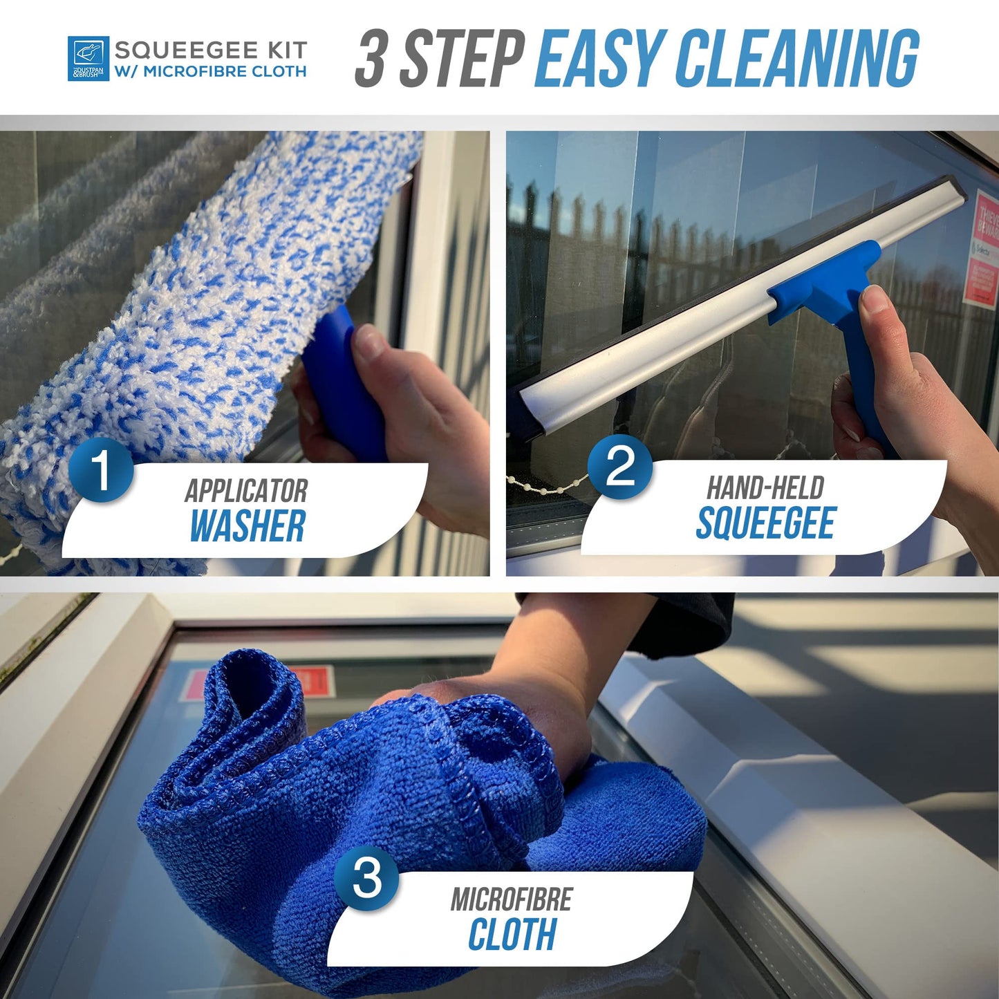 Rubber Squeegee Window Cleaner and Microfibre Glass Wiper, Twin Pack 14” Multipurpose Professional Cleaning Kit for Window, Car, Bathroom & Shower