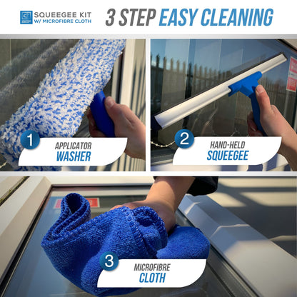 Rubber Squeegee Window Cleaner and Microfibre Glass Wiper, Twin Pack 14” Multipurpose Professional Cleaning Kit for Window, Car, Bathroom & Shower