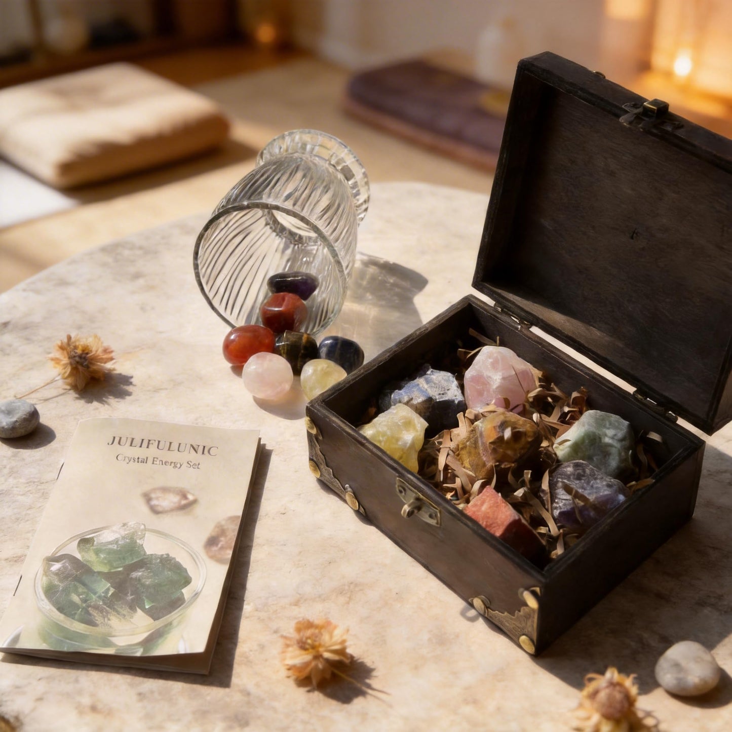 Juliful Unic 23-Piece Crystal Healing Set with 7 Raw & 7 Polished Stones 9 White Quartz Authentic Brazil & Uruguay Crystals in Wooden Box Complete Chakra Kit with Guide for Meditation Reiki Gift