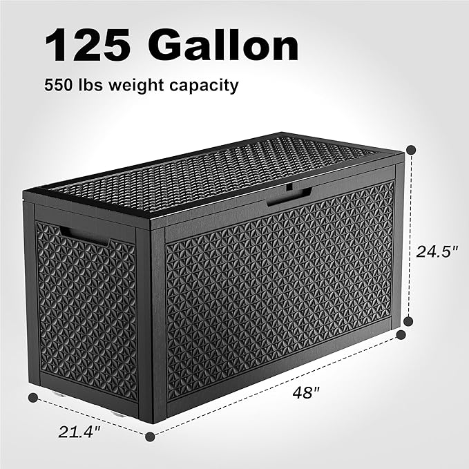 ROJIK Outdoor Storage Housing Deck Box - Waterproof Patio Furniture, Garden Tools, Cushions, Pool Accessories Storage Bench with Lockable Lid and Side Handles (Black,125 Gal)