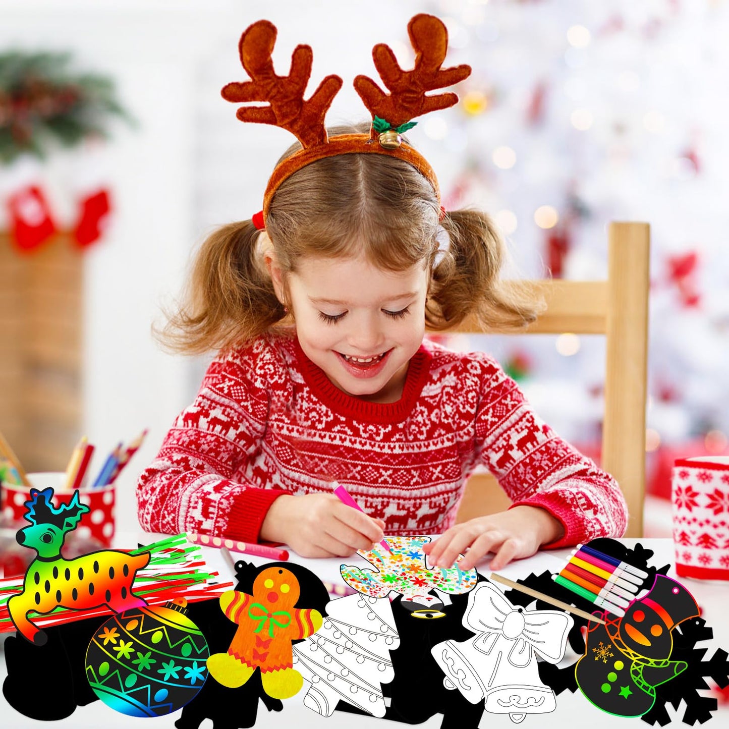 Natonhi 96pcs Christmas Crafts for Kids, Christmas Party Favors Magic Rainbow Scratch Paper Ornament with Wooden Drawing Sticks, Lanyards for Kid Holiday Party Gifts, Classroom Activities