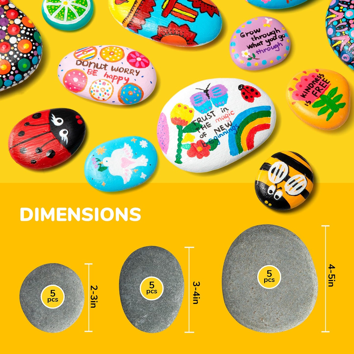 Simetufy 15pcs Rocks for Painting, 5pcs of Each 2-3in, 3-4in, 4-5in, Flat & Smooth River Rocks for Arts & DIY, Kindness Painting Stones for Kids, Garden Deco