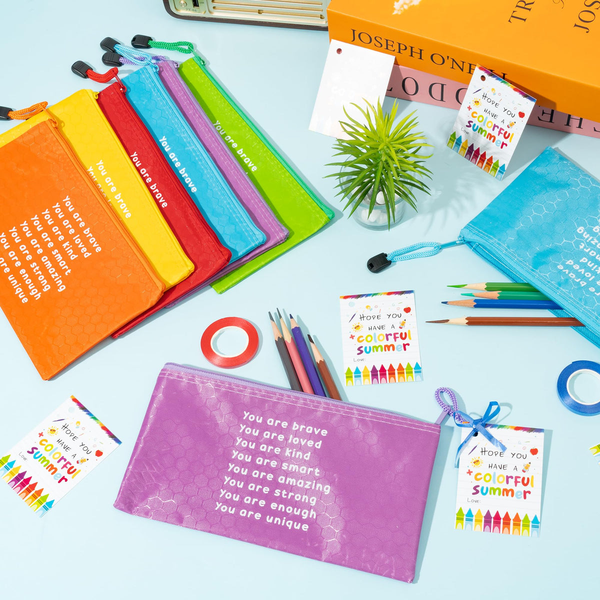 ANGOLIO 50Pcs End of Year Student Gift Includes Motivational Rainbow Pencils Pouch with Gift Inspirational Cards Hope You Have a Colorful Summer and Ribbons Stationary for Students Gifts Supplies