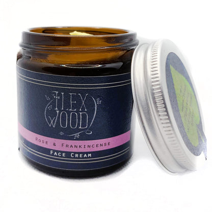 The Ilex Wood - Rose and Frankincense Face Cream - 100% Natural Handcrafted, Vegan, Moisturising, Anti Ageing, Wrinkle and Line Reducing Ingredients, Cruelty-Free, Palm Oil Free, Plastic Free - 60ml