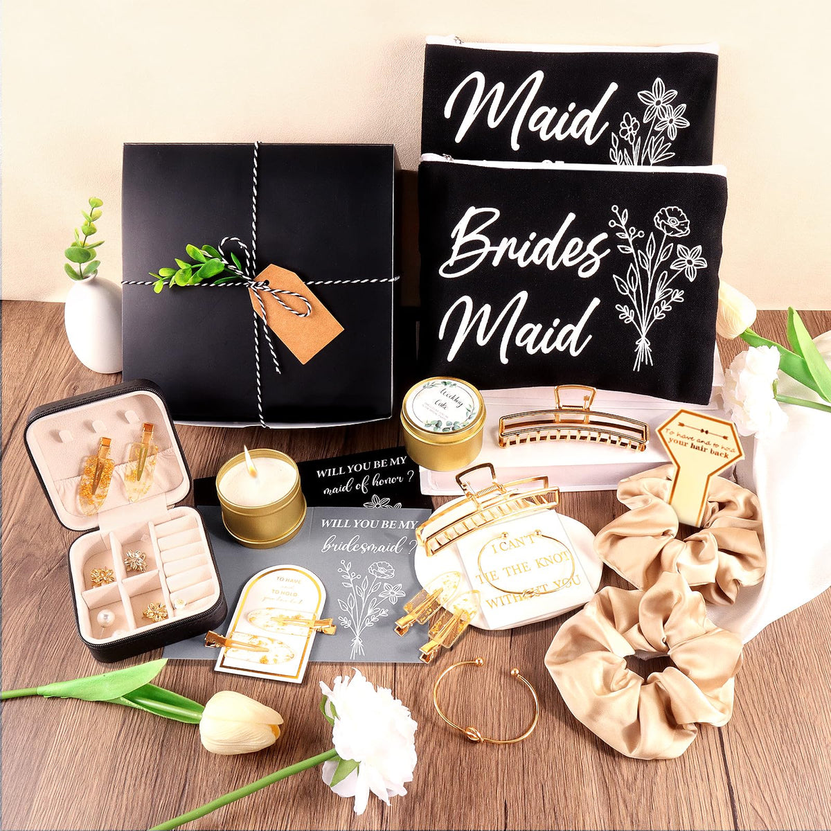 CITYCHALET 73Pcs Bridesmaid Gifts Set of 6 Black,Maid of Honor Proposal Gift Boxes Set,Cosmetic Bag Scented Candle Jewelry Box Metal Hair Clip Knot Bracelet Bachelorette Party Bridal Shower