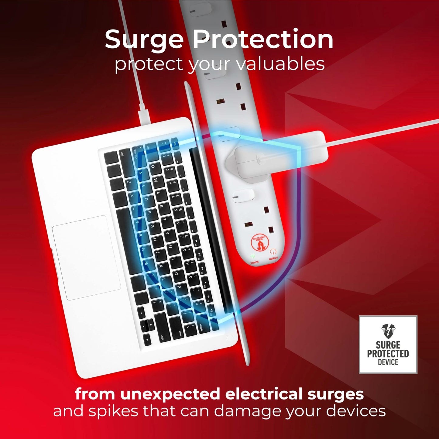 Masterplug Six Socket Extension Lead, Surge Protection, Individual Switches, Power and Surge LED Indicators, 2 Metre Cable, 6-Way Plug Extension Cable, Power Strip, White, 13A, 6G, 2m, SWSRG6210N