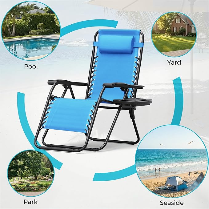 Homall Zero Gravity Chair Patio Folding Lawn Outdoor Lounge Gravity Camp Reclining Lounge Chair with Cup Holder Pillows for Poolside Backyard and Beach Set of 4 (Sky Blue)