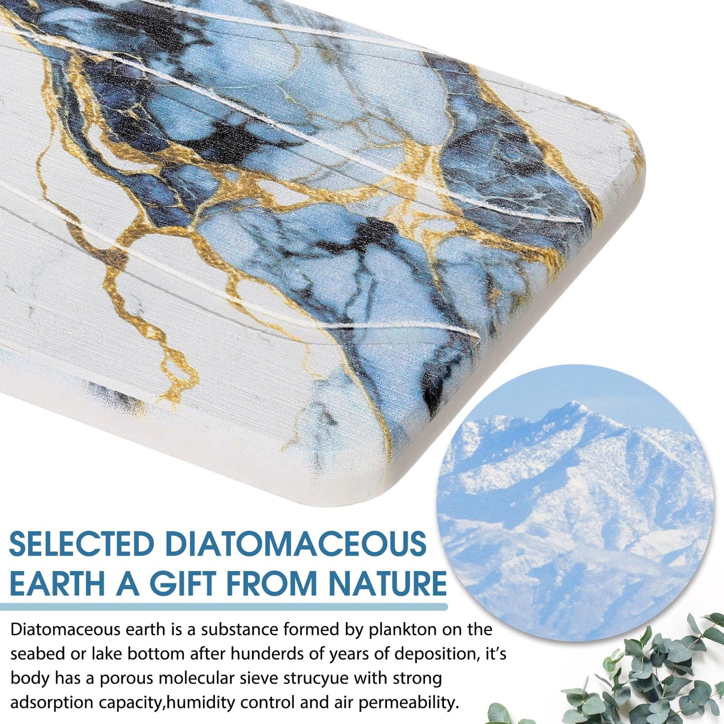 Photect 2Pcs Water Absorbent Diatomite Coasters 8.6x4'' Diatomaceous Earth Drying Ma, Grooved Design Water Absorbing Stone for Home Bathroom Decoration Home Warming Gift(Blue,Marble Style)