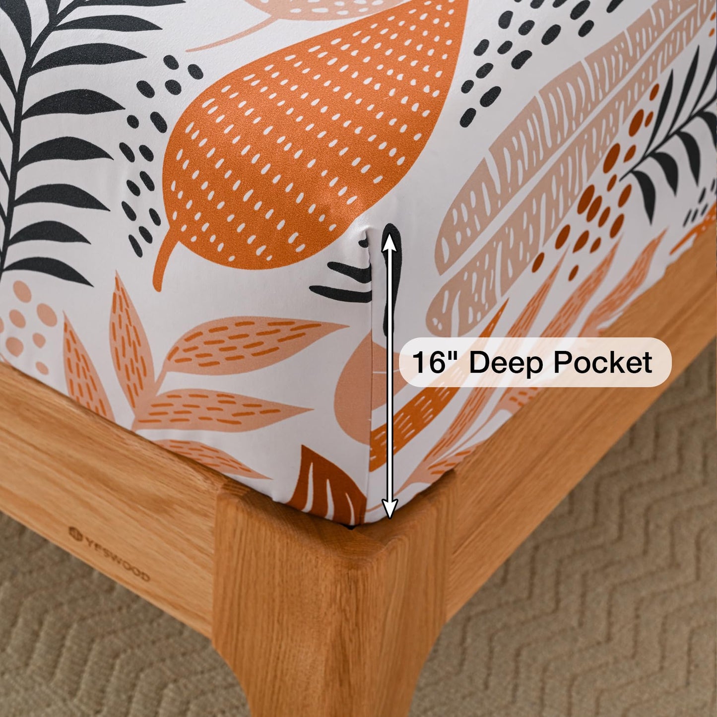 Yibeizi Boho Leaves Printed Sheet Set King, Botanical Pattern Bed Sheets Microfiber Bedding Sheets & Pillowcases Soft 15" Extra Deep Pocket Fitted Bedsheet 4 Piece