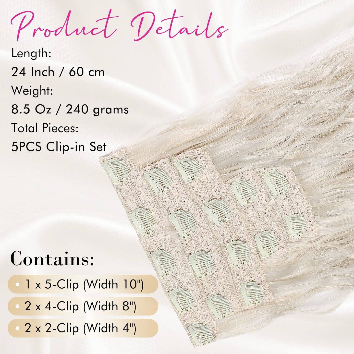 Hair Extensions, REECHO Blonde Clip in Hair Extensions 24" Thick Long Loose Waves hair extensions HE002 Invisible Lace Weft Natural Soft Hairpieces for Women ¨C Platinum Blonde