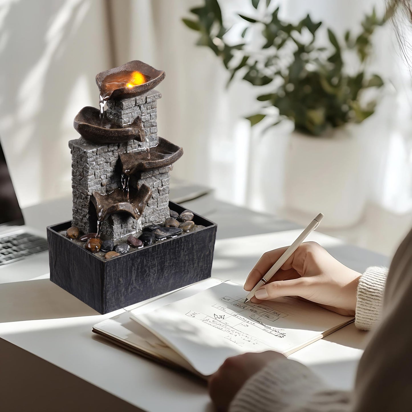 MAOCHI Tabletop Indoor Water Fountain Cascading with 3-Tier Bowl Brick Wall Design with LED Light Tabletop Zen Decor