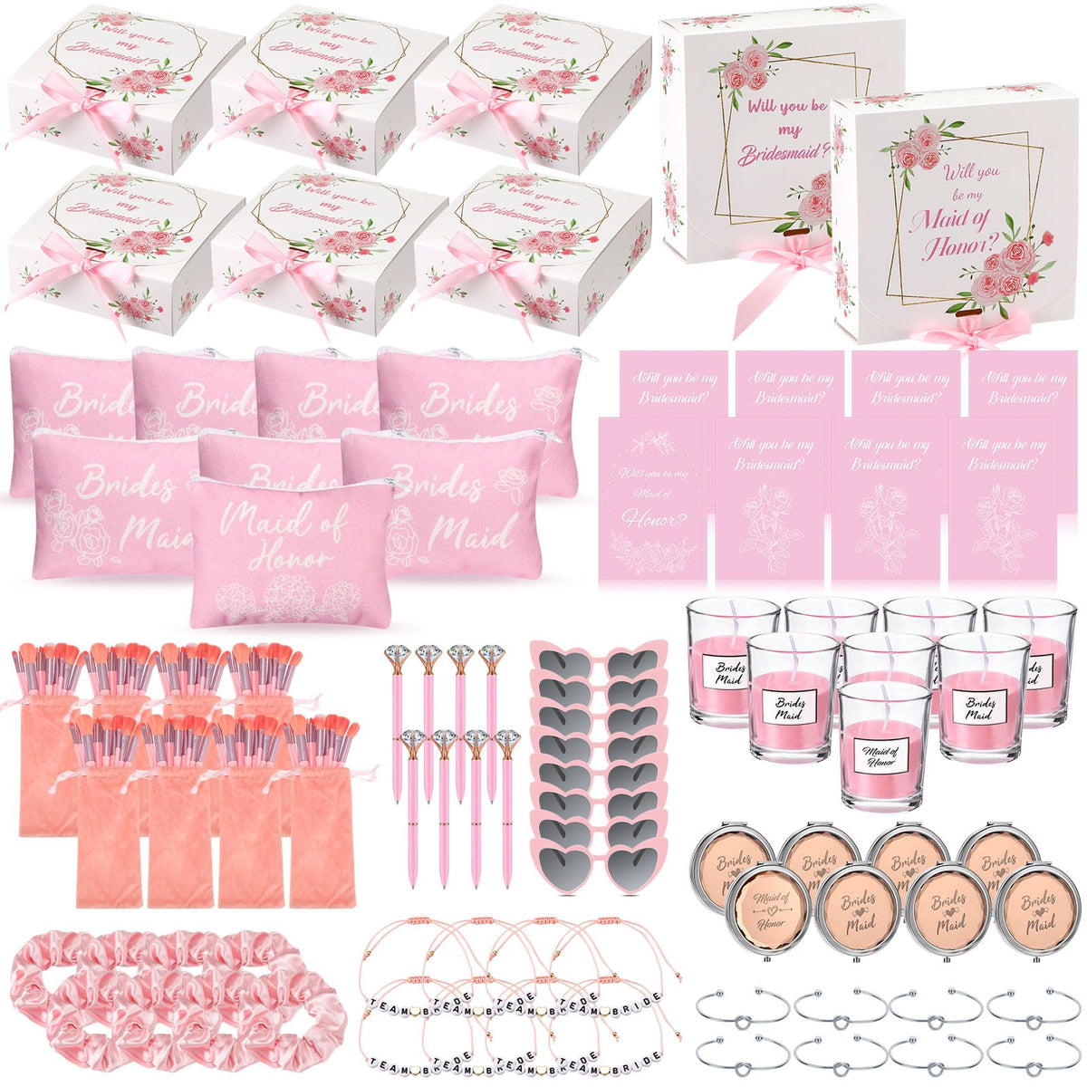 Nuogo 88 Pcs 8 Sets Bridesmaid Proposal Gift Wedding Bridesmaid Box Set Maid of Honor Gift Include Box Candle Invited Cards Scrunchies Hair Elastics Ties Knotted Bracelets Diamond Pens(Pink,Fresh)