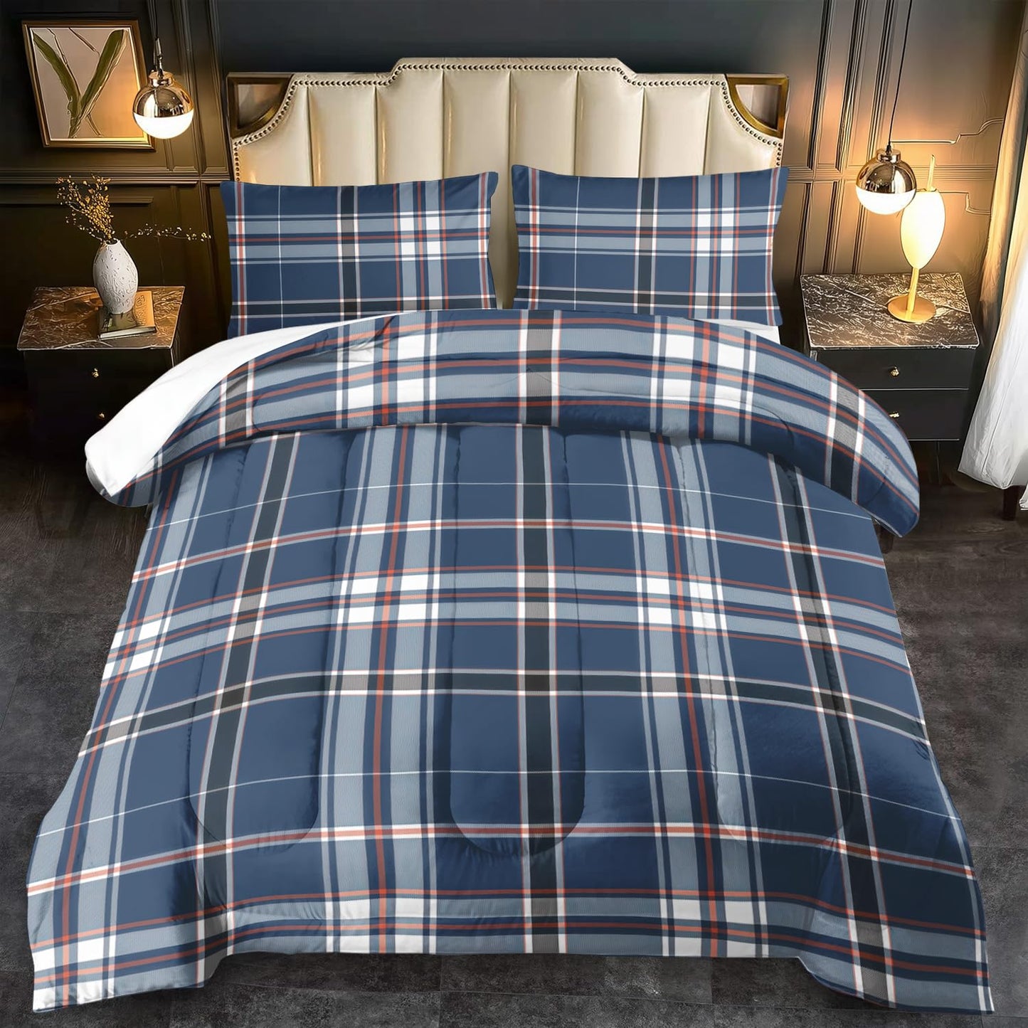 llyxsesty Blue Grid Comforter Set King Teens Plaid Design Bedding Set for Boys Gingham Comforter King Girls Quilt Plaid Bedroom Decor Grid Checkered Bedding Bed Decor