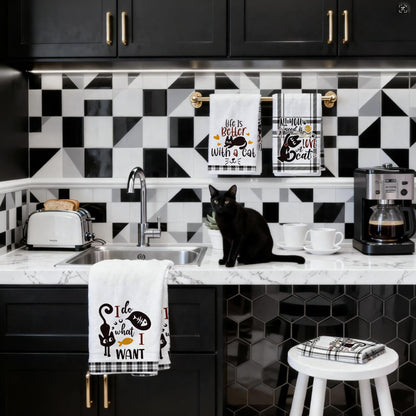 Vetoxka 4 PCS Black Cat Decor Kitchen Towels - Set Quick Drying Cute Hand Tea Dish Towel for Accessories Checkered Funny Saying Kitty Plaid for Cat Lover Home Decorations Bathroom Housewarming Gifts