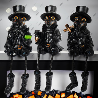 Dazzle Bright 3 Pcs Halloween Plague Doctor with Dangling Legs Figurines Decoration, Resin Gothic Scary Crow Table Fireplace Shelf Sitting Figurines Party Ornament Gifts for Indoor Home Decor