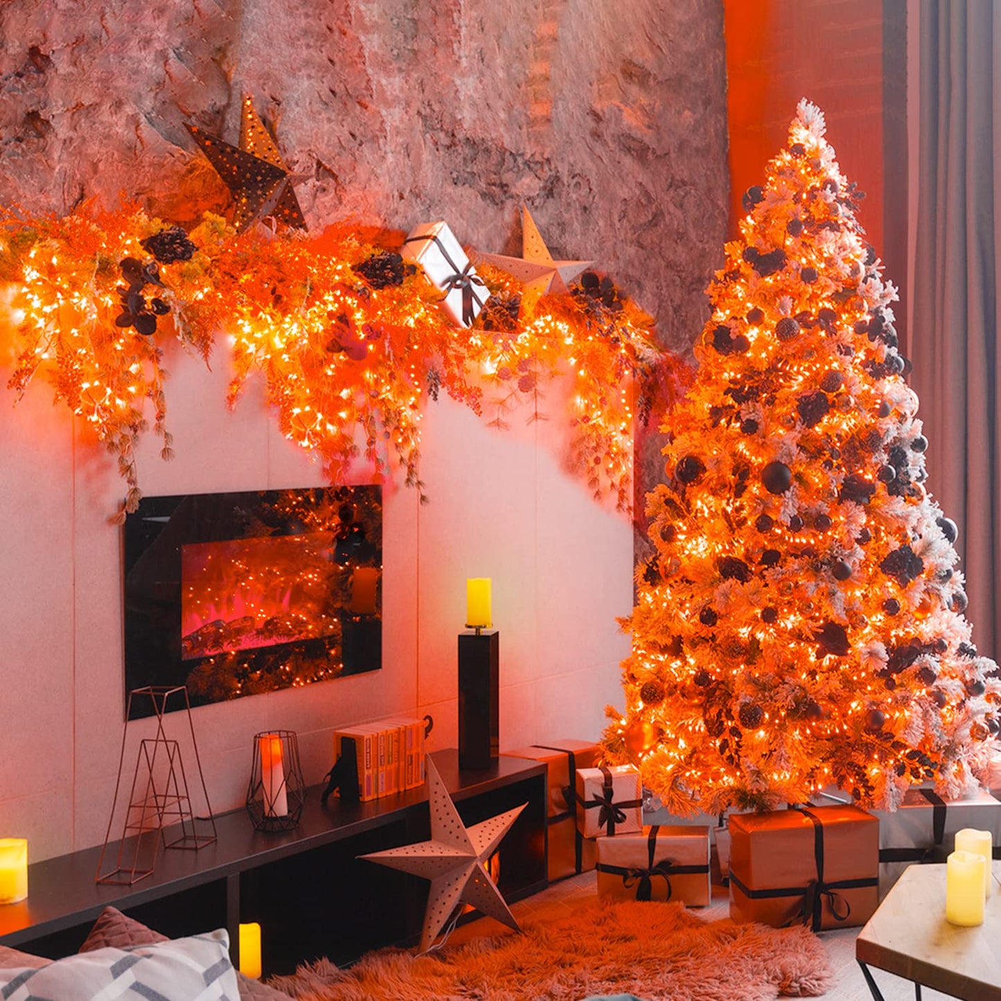 JMEXSUSS 66ft 200 LED Halloween Lights Outdoor Indoor, Connectable Orange String Lights Clear Wire, Fall Light Plug in for Fireplace Tree Garden Patio Thanksgiving Fall Halloween Decor