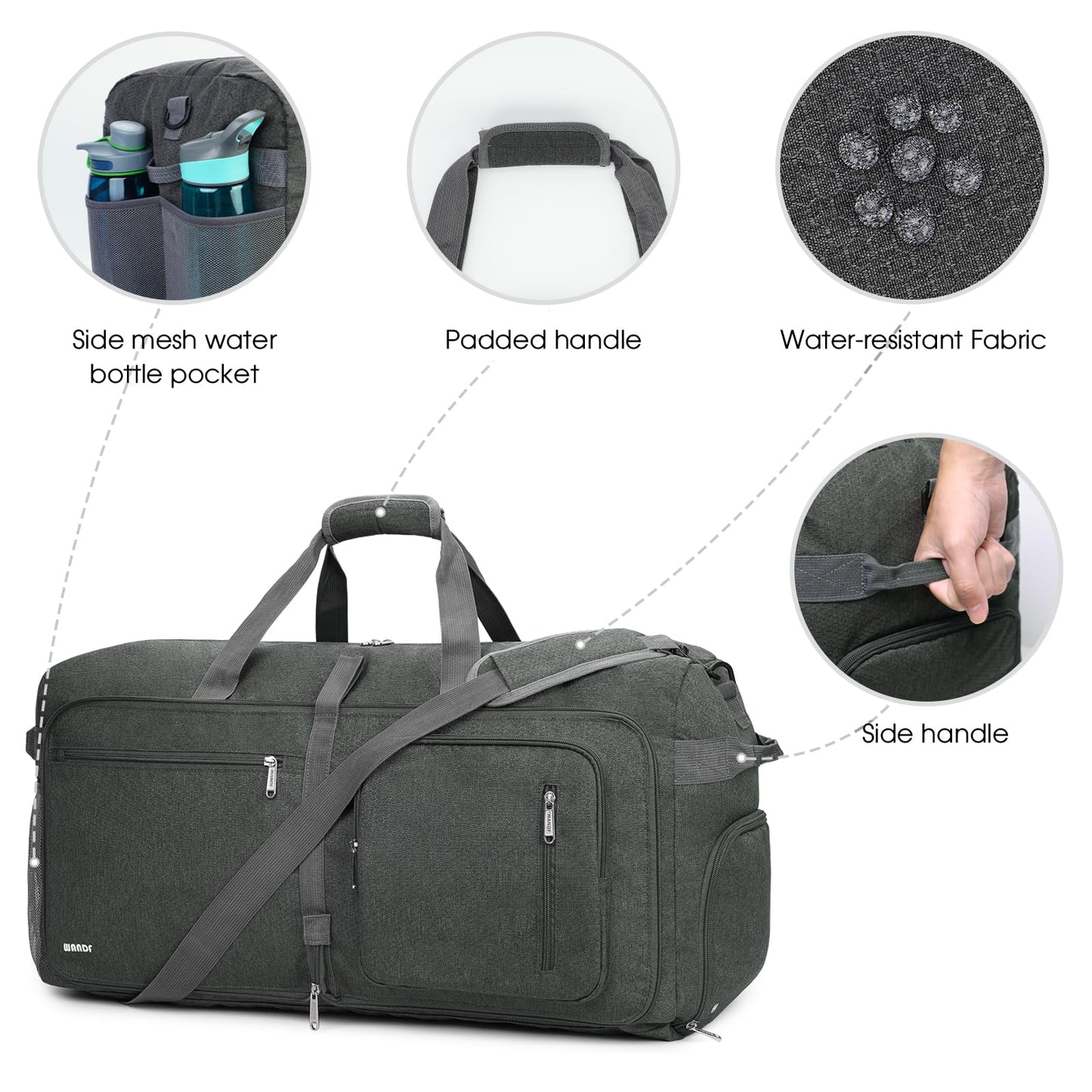 WANDF Travel Duffle Bag 65L Shoes Compartment Foldable Overnight Weekender Bag Carry On Bag for Men Women (Grey)