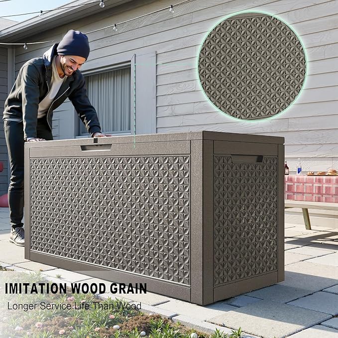 ROJIK Outdoor Storage Housing Deck Box - Waterproof Patio Furniture, Garden Tools, Cushions, Pool Accessories Storage Bench with Lockable Lid and Side Handles (Grey,125 Gal)