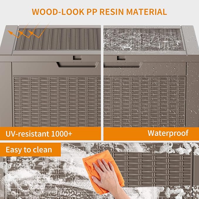 ROJIK Outdoor Storage Housing Deck Box - Waterproof Patio Furniture, Garden Tools, Cushions, Pool Accessories Storage Bench with Lockable Lid and Side Handles (Grey Rattan, 30 Gal)